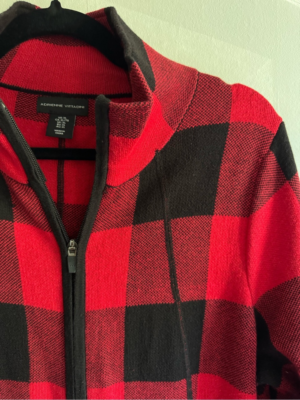 Adrienne Vittadini Red and Black Buffalo-Check Zip Sweater